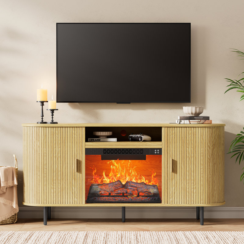 Modern Fireplace Tv Stand For Tvs Up To 80'', Fluted Entertainment Center With Electric Fireplace, Media Console Cabinet For Living Room