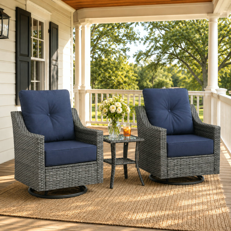 3 Piece Patio Furniture Set, Outdoor Swivel Rocker Patio Chairs Set Of 2 With Side Table, High-back Wicker Patio Furniture With 6" Cushions For Porch, Balcony, Garden, Poolside, Gray/Blue