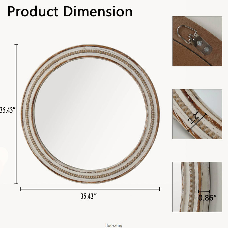 Miroir mural rustique rond en bois de 90 cm (35,43 po) avec perles