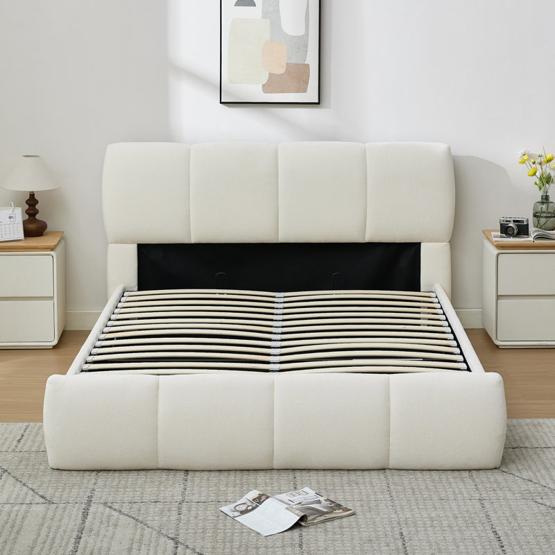 Lit plateforme tapissier avec rangement surbaissé Gaillarde, Lit double, Blanc cassé