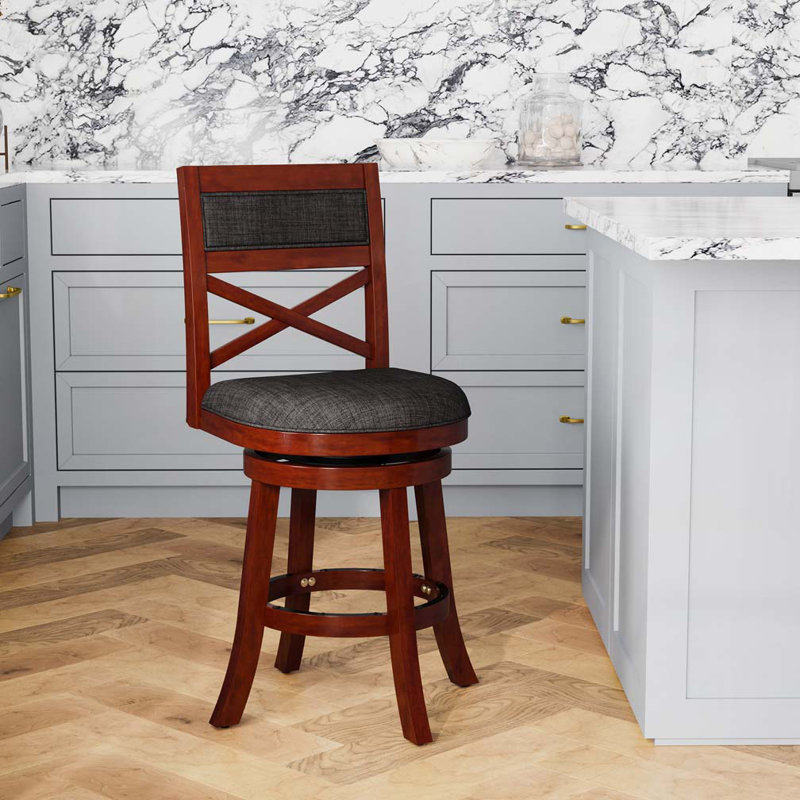 Tabourets de bar pivotants rembourrés en bois avec dossier en X, Gris anthracite, Cerisier