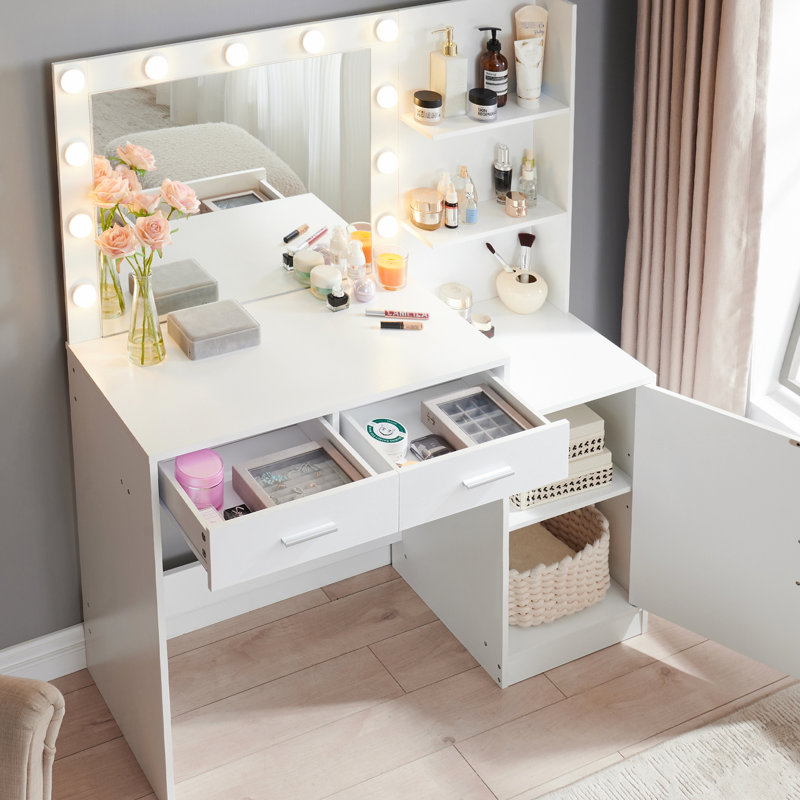White Vanity Desk With Mirror & Lights - 46.4In Bedroom Dressing Table, 2 Large Drawers Vertical Organizer, 3 Level Dresser, Lighting Modes Adjustable Brightness In And  White
