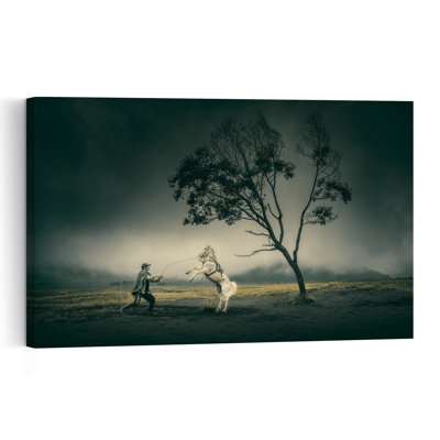 " Man And Rearing White Horse Dramatic Rustic Abstract Horse Landscape Tree Wall Art Print " Print