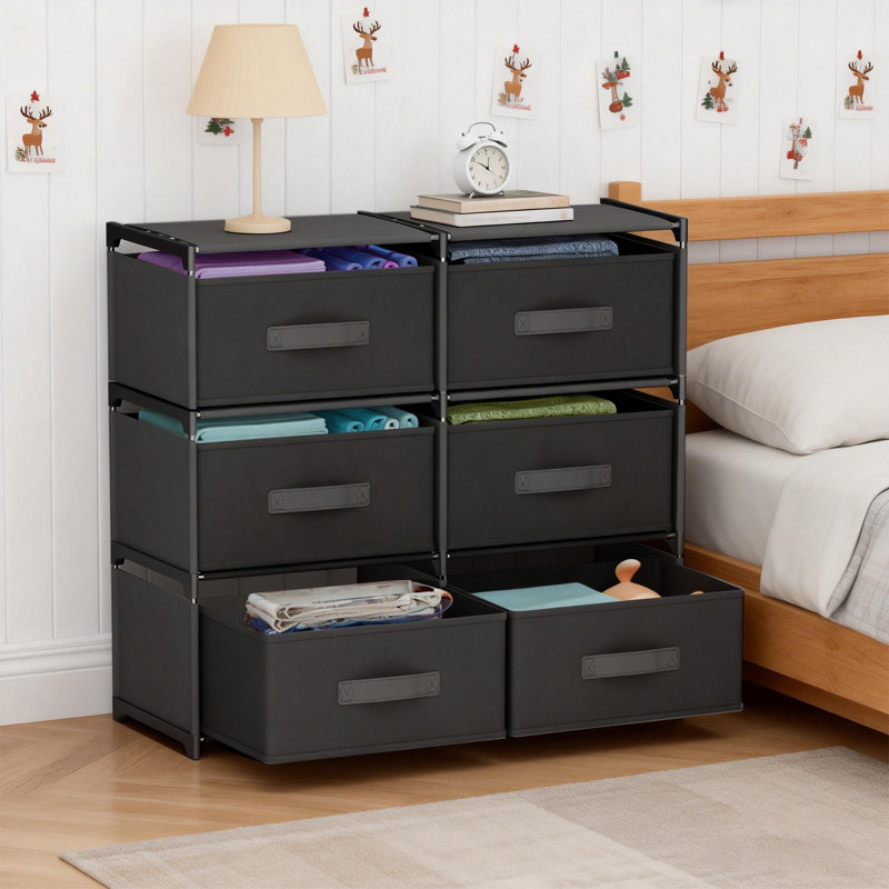 Table de chevet avec 6 tiroirs, commode en tissu, unité de rangement, commode de rangement pour chambre à coucher, couloir, vestibule, garde-robe, structure en acier, poignée facile à tirer - noir