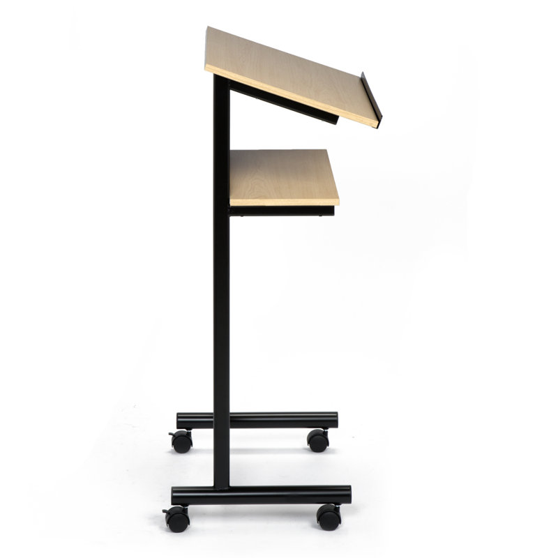 Beech and Black Metal Standing Desk with Wheels and Shelves