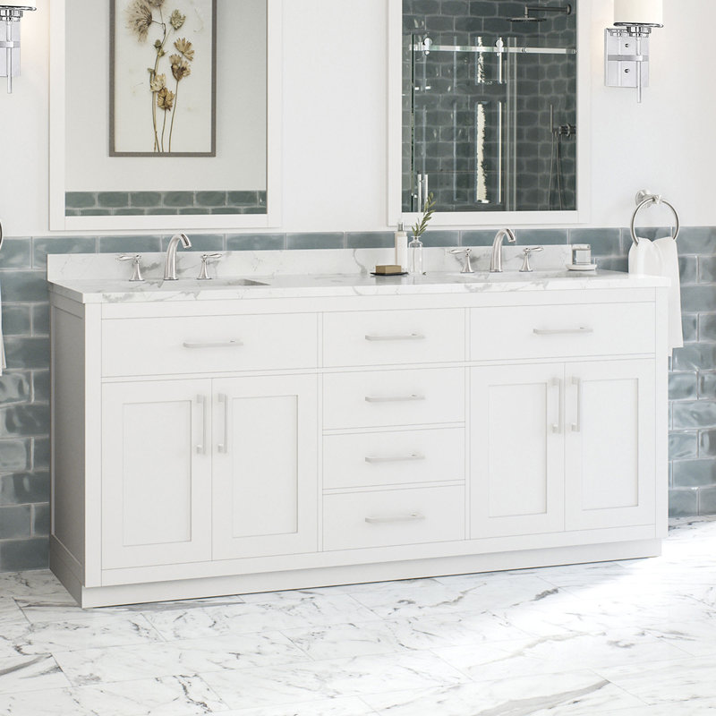 Ensemble de meuble-lavabo autoportant blanc à double cuve 72 po avec plateau en marbre blanc Athea, quincaillerie en nickel brossé Athea