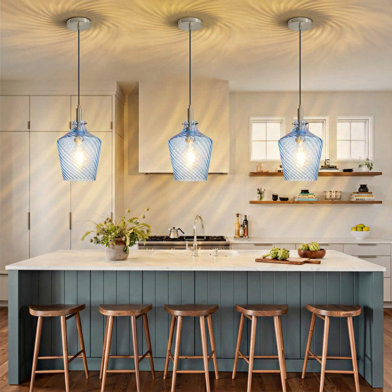 Luminaire suspendu moderne à 1 lumière avec abat-jour en verre martelé pour îlot de cuisine, Bleu