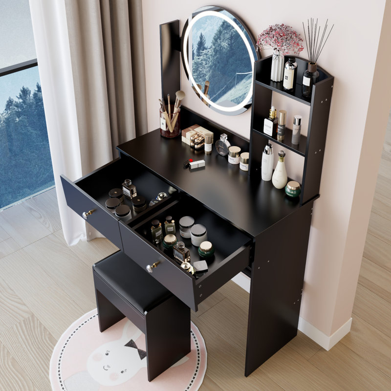 Ensemble de coiffeuse à miroir rond de 17 po à DEL avec tabouret à coussins souples, grand miroir, interrupteur tactile, 3 couleurs, luminosité réglable, grand bureau, rangement multicouche de grande capacité, convient aux petits espaces
