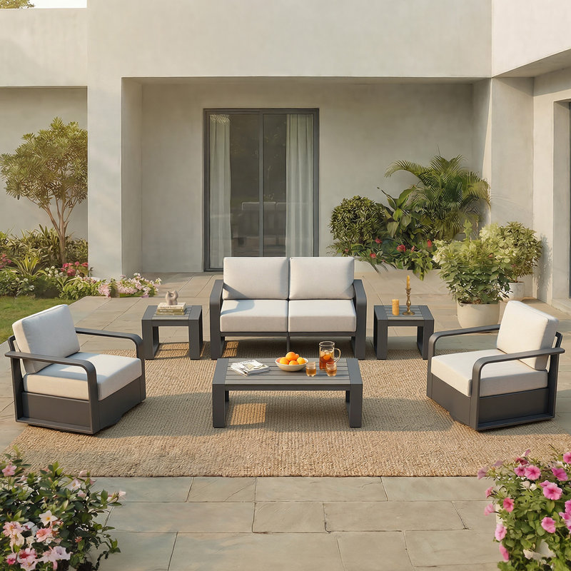 Ensemble de conversation pour 4 personnes avec coussins, 6Pcs:2 Chairs,CoffeeTable,2 EndTables,Loveseat, Light Gray, Black