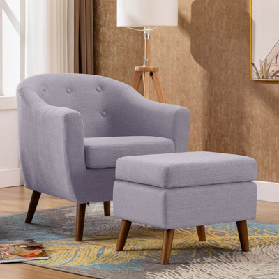 Arlaith Linen Upholstered Accent Chair with Ottoman, Rubberwood Legs