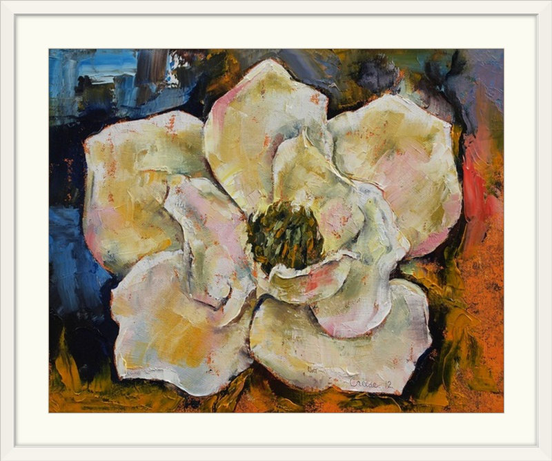 «Anjlee Magnolia Flower» par Michael Creese - reproduction d'art, H 27 po x l 32 po x P 1 po, Cadre blanc