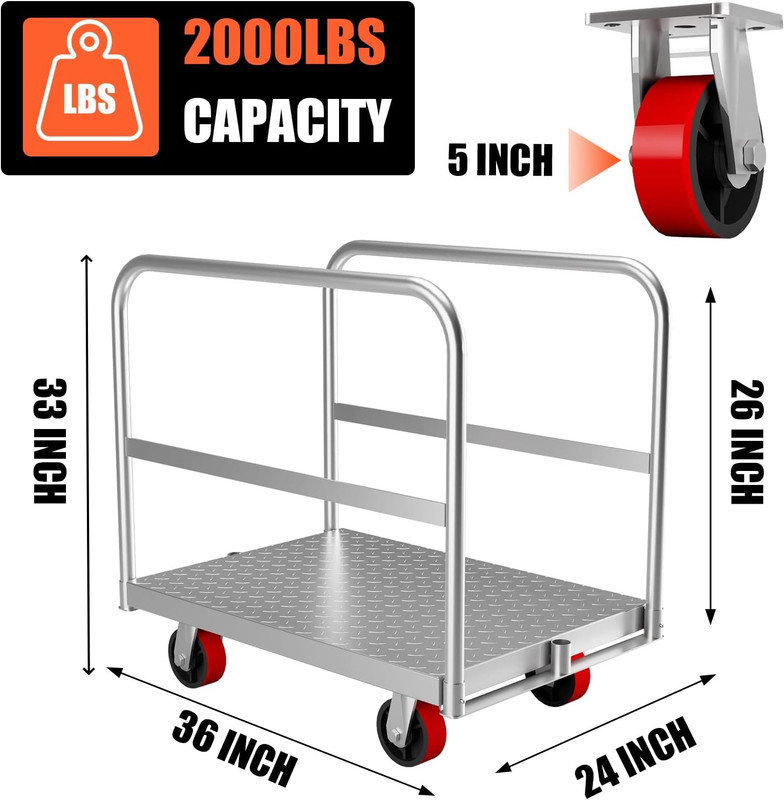 Chariot à panneau robuste 2 en 1, camion tout-plateforme 36 po x 24 po avec 4 roulettes pivotantes