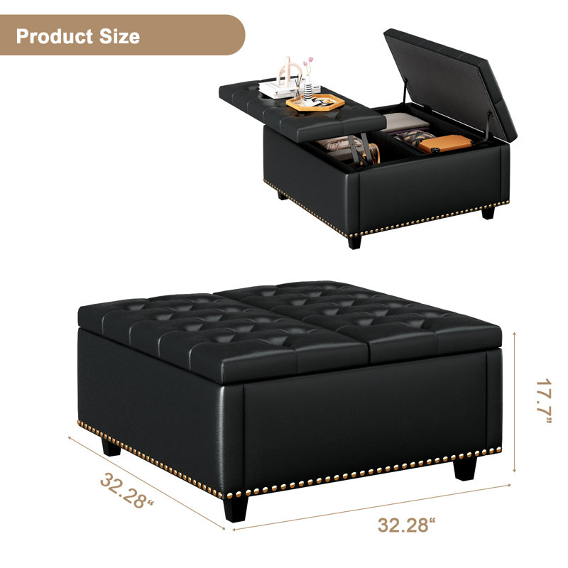 Square Upholstered Lift-Top Ottoman Coffee Table  With Large Storage, Black