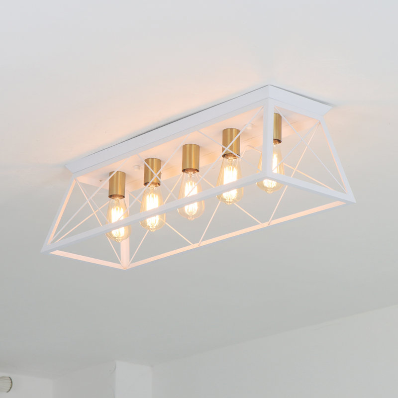Ciarrai 5-Light Flush Mount Rectangular Ceiling Vintage Farmhouse Style, White/Gold