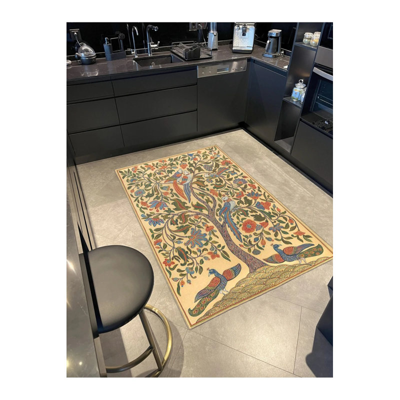 Tapis de sol tissé avec des motifs d'arbres et d'oiseaux, Tapis de couloir 2 pi 6 po x 9 pi 11 po