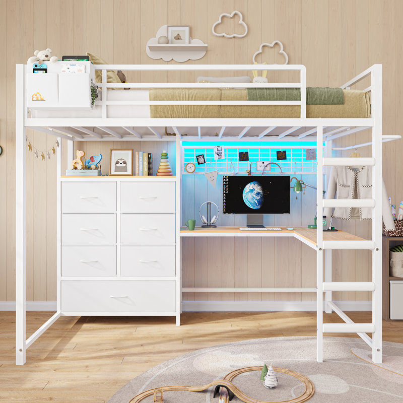 Twin Size Metal Loft Bed for Kids with L-Shaped Desk, 7 Storage Drawers, RGB LED Lights & Charging Station, 13.11" Full-Length Safety Guardrail, Ladder, No Box Spring Needed , White