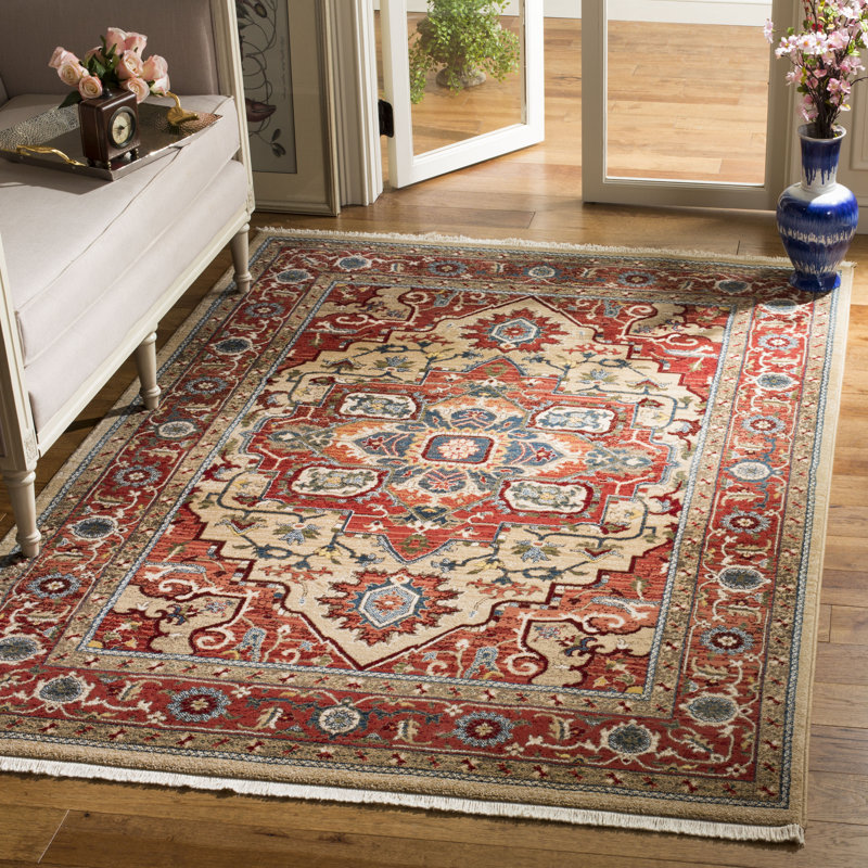 Lauren-Inspired Red Beige Hand-Knotted 8' x 10' Synthetic Area Rug