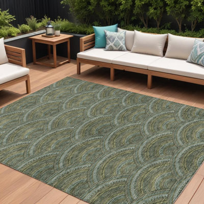 8' X 10' Olive Green Fern Green And Silver Geometric Washable Indoor Outdoor Area Rug