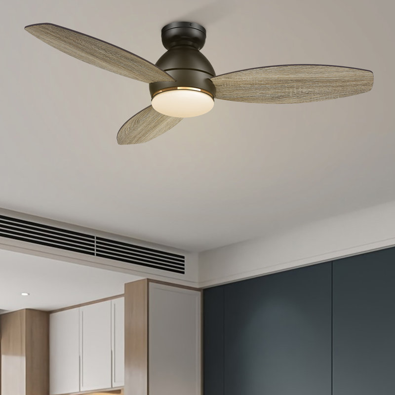 48" 3 - Blade  Flush Mount Smart Ceiling Fan with Light, Black, Gray Oak