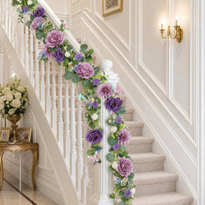 2-Pack Artificial Eucalyptus & Rose Garland with 3D Silver Laser Butterflies – Realistic Silk & Plastic Faux Flowers – Vintage Wedding Arch, Party Table Centerpiece, Rustic Home Decor – Purple, 180cm