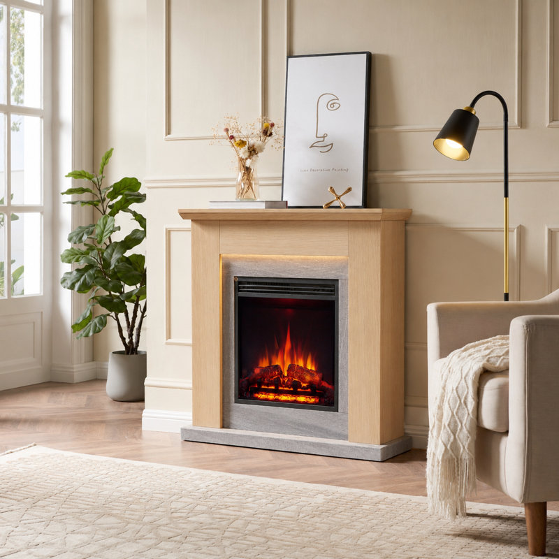 FLAMME Stratford Electric Fireplace with surround and 2kW Fireplace Heater White Multiple Colours Available, Natual Oak