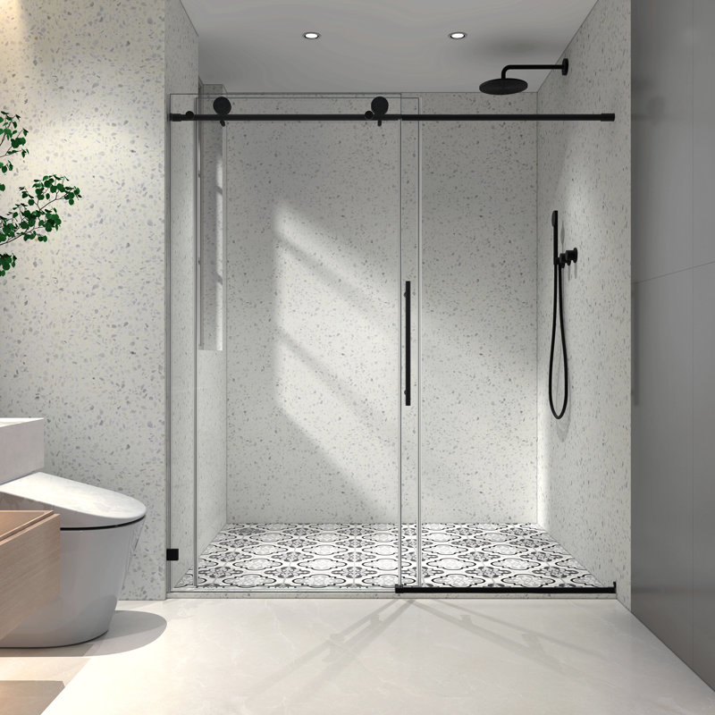 Une porte de douche fixe et une porte décalée sans cadre, de grandes poulies en acier inoxydable 304 de 70 mm avec fonction de fermeture douce réglable, avec nettoyage nano facile et anti-déflagrant