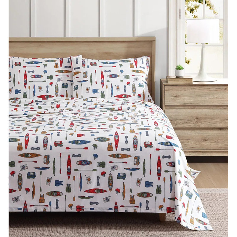 Shasta Lake Cotton Percale Standard Sheet Set, King Sheet Set with 2 Pillowcases, Kayak Adventure