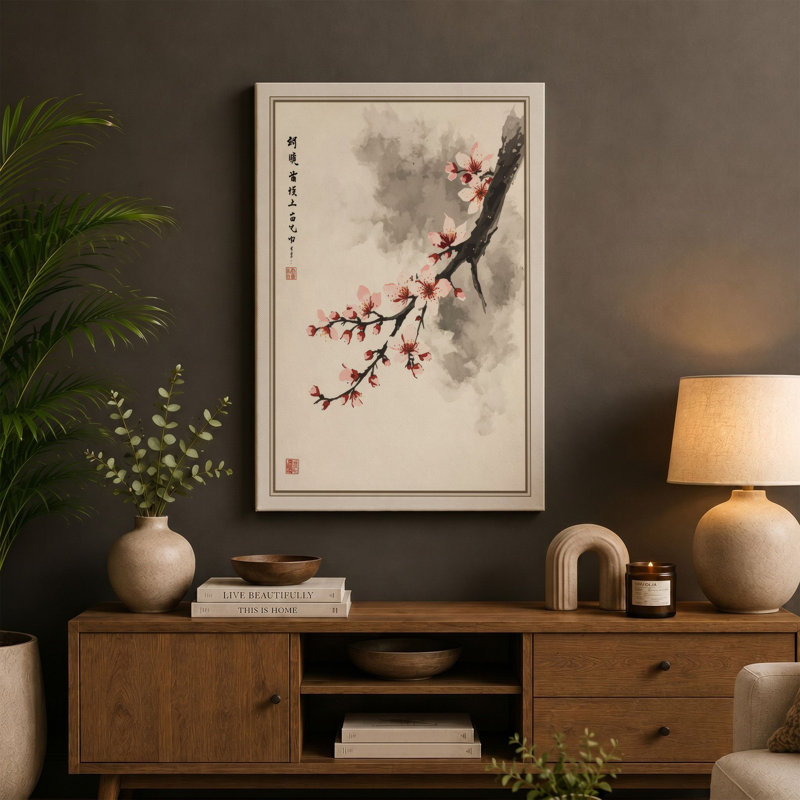 Flowering Branch in Mist Japandi - Wrapped Canvas, 24x16 - 61.0 x 40.6 cm, Black Border