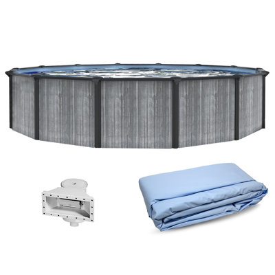 Blue Wave San Pedro 18-ft Round 52-in Deep Hard Sided Steel Wall Above Ground Pool with 6-in Top Seats, 5-in Verticals, Skimmer & Vinyl Liner - 7,200 Gallon Capacity for Family Swimming & Recreation