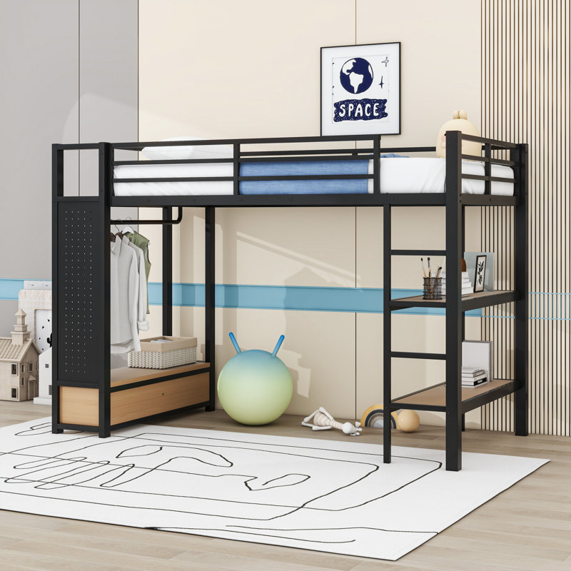 Metal Loft Bed with Storage Drawers, Open Wardobe and Shelves