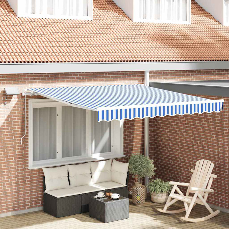 VidaXL Retractable Patio Awning, Blue/White, 165cm H x 350cm W x 250cm D