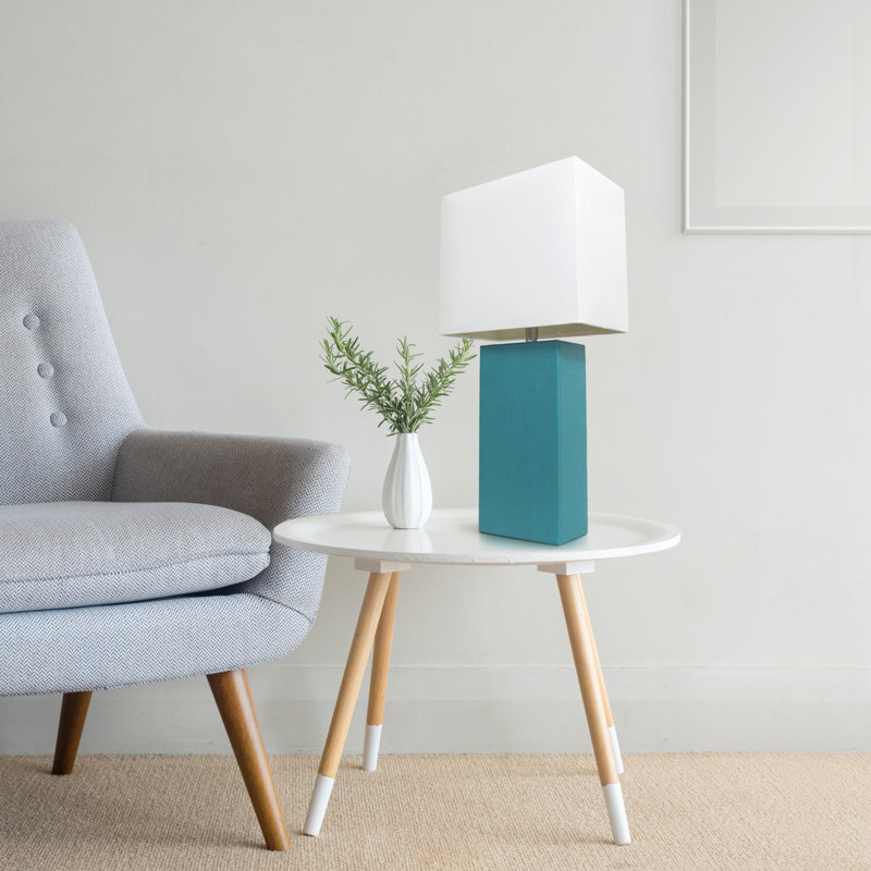 Lampe de table en cuir 21 po avec abat-jour rectangulaire en lin blanc, Non, Bleu sarcelle, Transparent