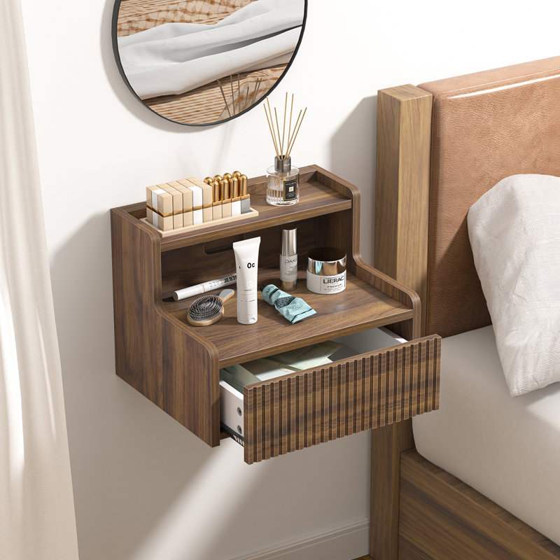Floating Nightstand With Decorative Embossed Pattern, Brown