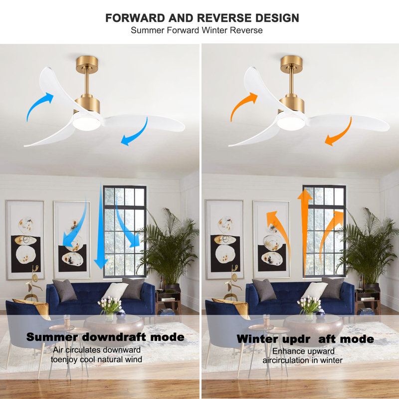 52 In. 3 Reversible Blades Adjust Height Ceiling Fan With Dimmable Led Light & Remote Control, White, Gold