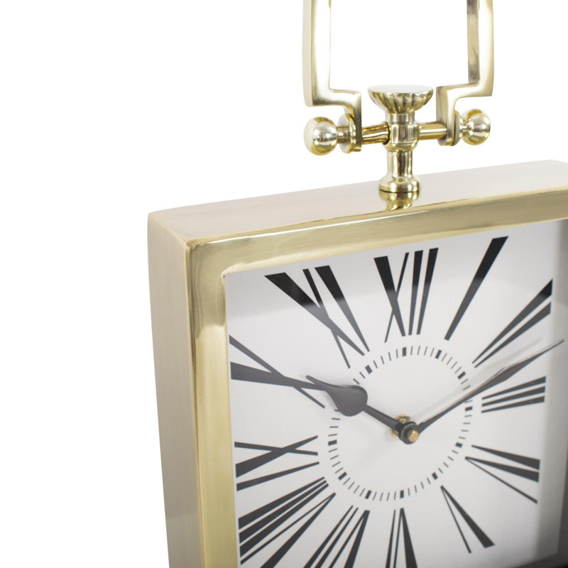 Gold Square Handled Table Clock with Textured Metal Surround