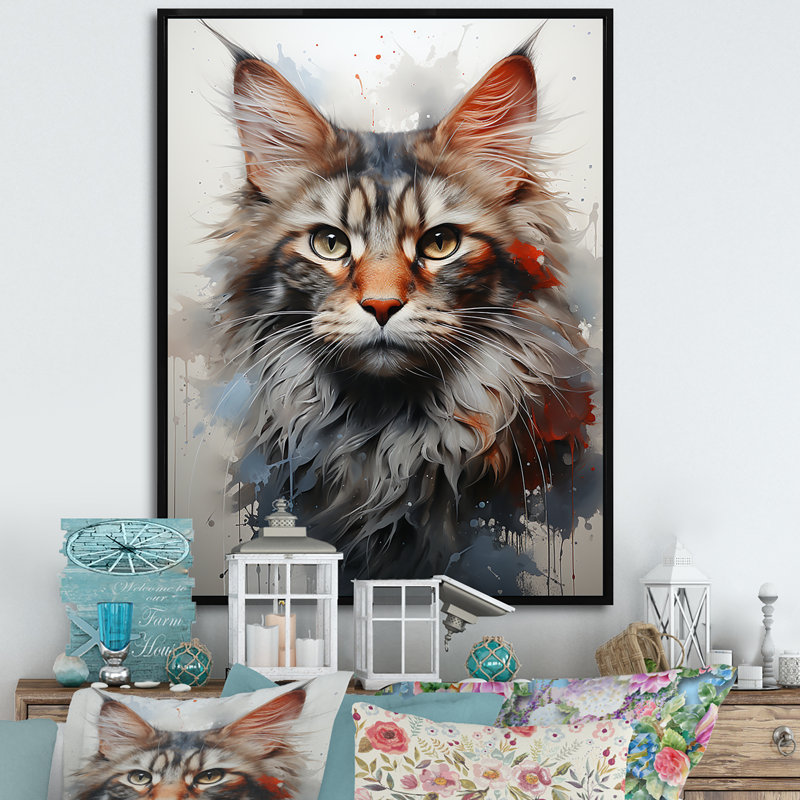 Maine Forestcat Majesty Cat I - Cat Wall Art, 32" H x 16" W, Black Floater Framed
