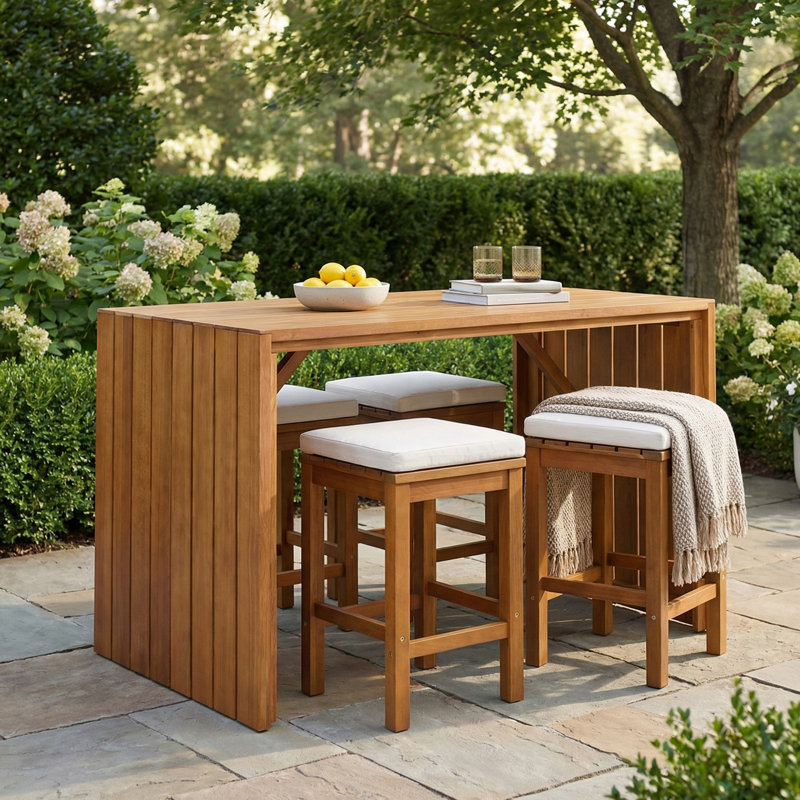 Ensemble de bar extérieur 5 pièces, table de patio en bois d'acacia et quatre tabourets avec coussins, ensemble de bar en bois pour la cour, le bord de la piscine et le balcon