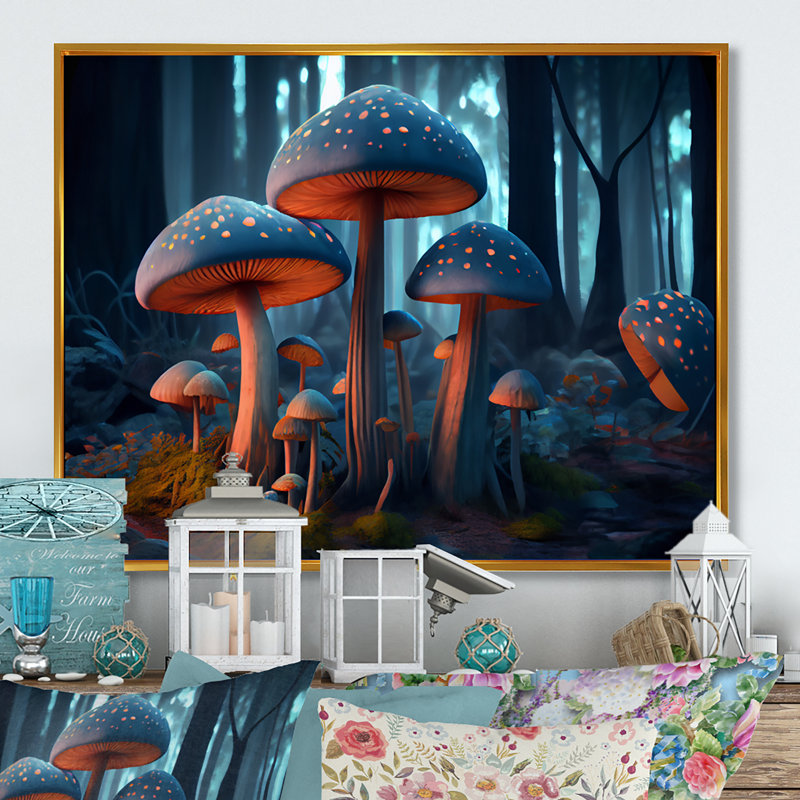Champignons magiques qui brillent dans la forêt IV - reproduction sur toile, H 24 po x l 32 po x P 1 po