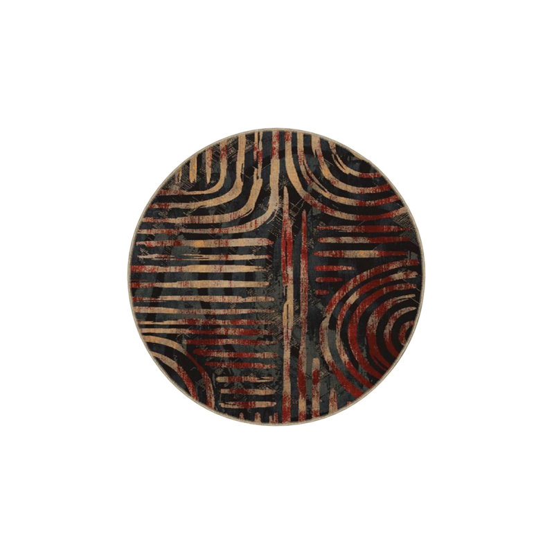 Black Themed Yellow Striped Motif Decorative Washable Carpet, Round 4'