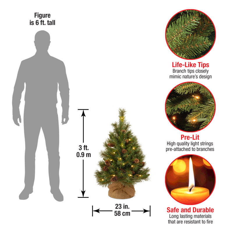 3ft Green Pine Artificial Christmas Tree with LED Lights and Burlap Base