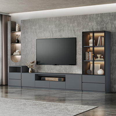 Crafton Modern 122'' Gray Entertainment Center With Bookshelves For 55/58/65/70/75 Inch TV, Wood Storage Media Console Includes TV Console Table, Lights Glass Display Bookshelf And Drawer Cabinet For Living Room