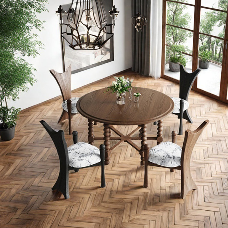 Round multilayer solid board dining table set, 29.53" H x 59.06" L x 59.06" W