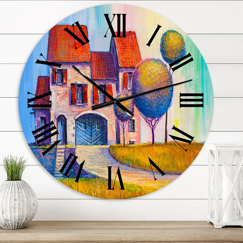 Maison avec toit rouge dans le village - horloge murale moderne, Moyen