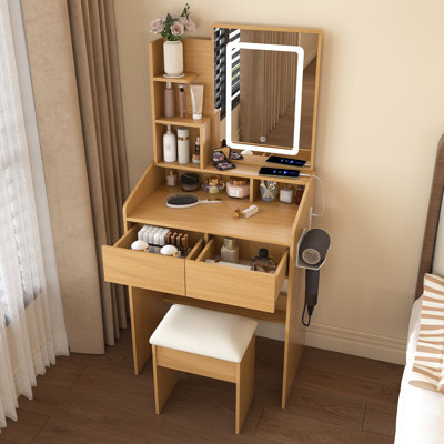 Wooden Vanity Table - LED Mirror, Power Outlet & Hairdryer Holder (Compact Design)