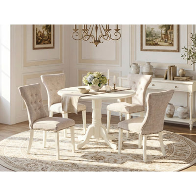 L'ensemble de table de salle à manger 5 pièces pour 4 personnes comprend une table de cuisine ronde avec Dropleaf et 4 chaises de salle à manger Parson en tissu lin, blanc lin