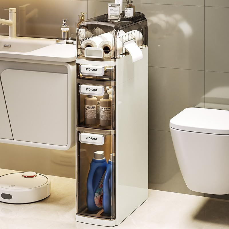 4-Tiers Slim Bathroom Storage Cabine,Waterproof Narrow Storage Cabinet,Space-Saving Vertical Organizers with Tissue Box,Freestanding Storage Unit for Small Spaces, Laundry, Kitchen, Bedroom,Office