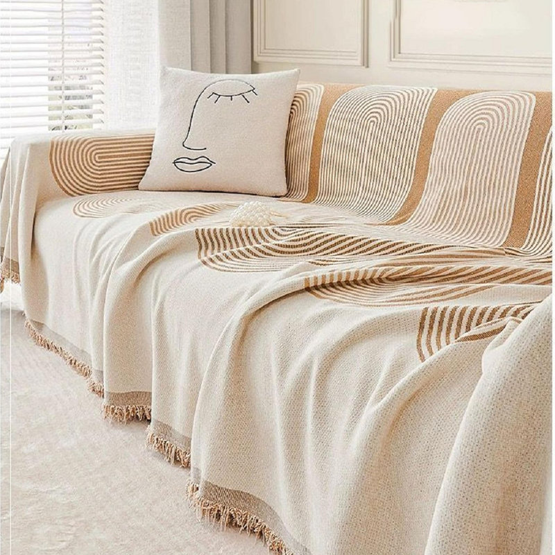 Chenille Sofa Cover Blanket Couch Cover Multifunctional Sofa Protectortowel Geometric Line Pattern Non-slipwith Tassel, Beige