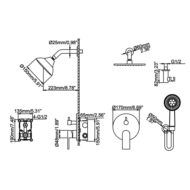 Wall Mounted Shower System with Pressure Balanced Valve, Brushed Nickel