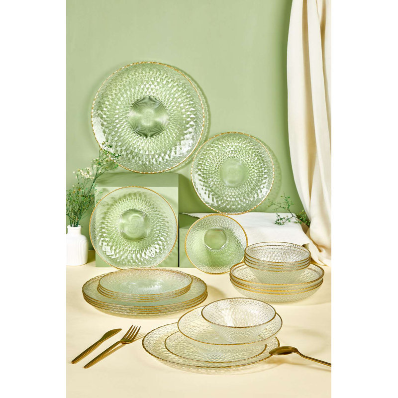 Service de table élégant 24 pièces, 100% verre | Comprend 6 assiettes de service (11,0 po), 6 assiettes à dessert (8,3 po), 6 assiettes à dîner (8,3 po), 6 bols (5,9 po) | Parfait pour les occasions spéciales, ne va pas au lave-vaisselle ni au micro-ondes