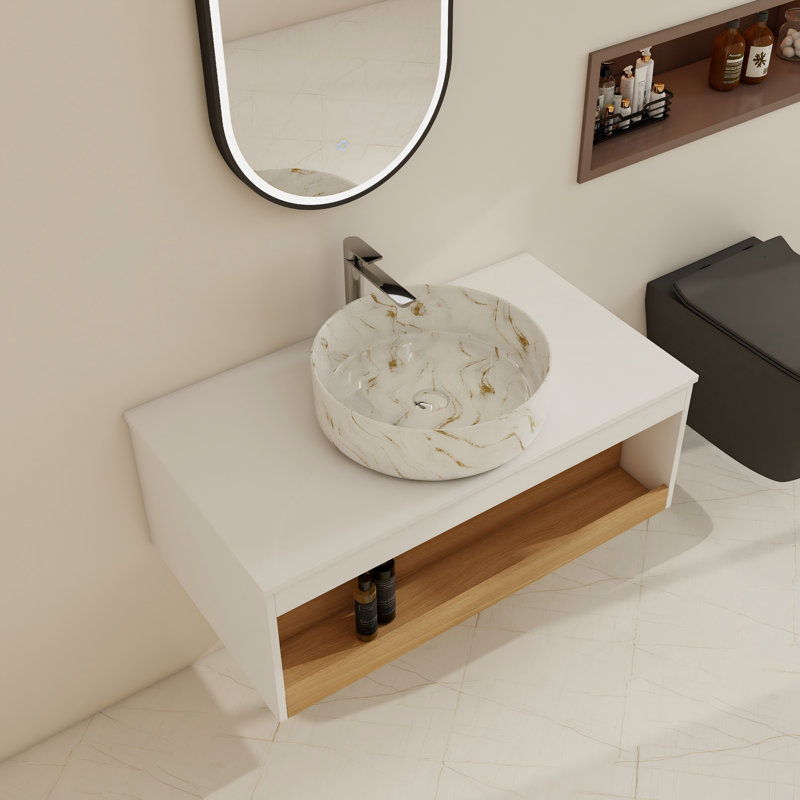 Ensemble de meuble-lavabo simple mural 36 "avec lavabo en céramique, 35", White/Gold